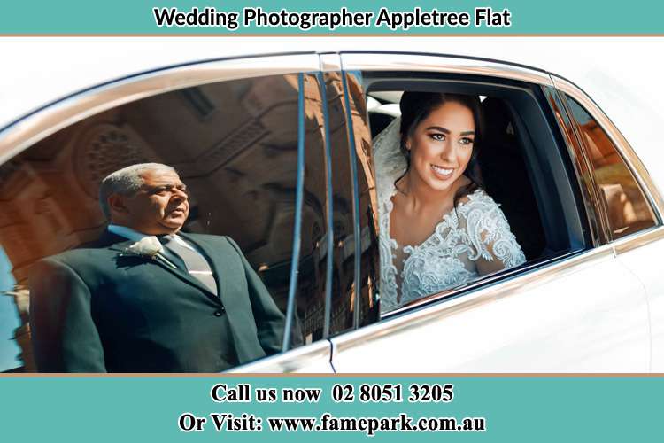 Photo of the Bride inside the bridal car with her father standing outside Appletree Flat NSW 2330