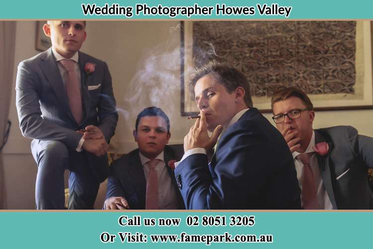 Photo of the Groom and the groomsmen relaxing Howes Valley NSW 2330